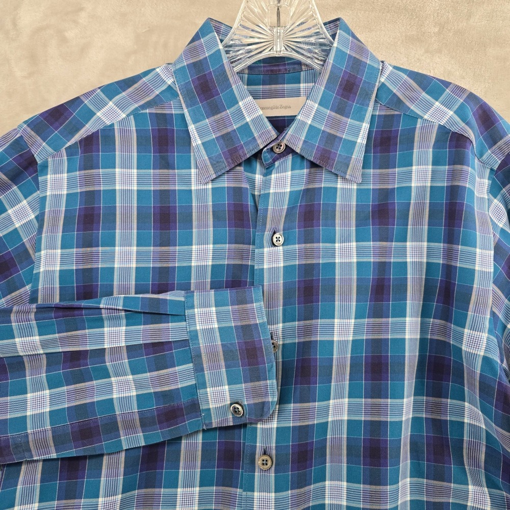 Ermenegildo Zegna Button Up‎ Men M Blue Plaid Long Sleeve Cotton Made in Italy